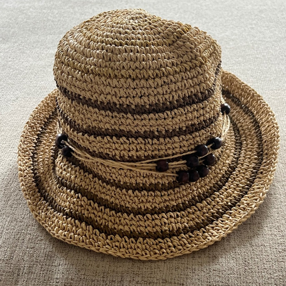 Eddie Bauer Striped Paper Straw Sun Hat Beaded Tan Brown One Size Summer Beach